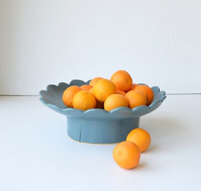 Pedestal Bowl - Scalloped - Aquamarine