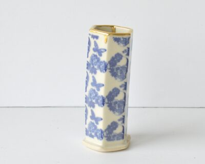 Hex Pattern Bud Vase - Blue Skulls + Gold Drip
