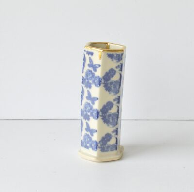 Hex Pattern Bud Vase - Blue Skulls + Gold Drip