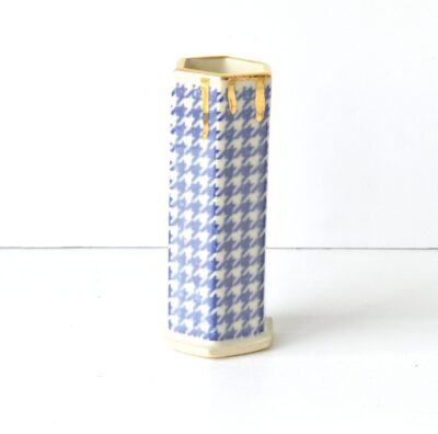 Hex Pattern Bud Vase - Blue Houndstooth + Gold Drip