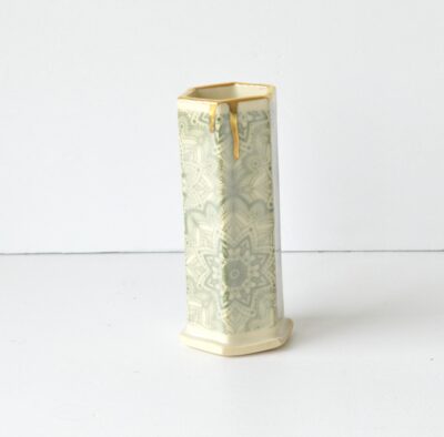 Hex Pattern Bud Vase - Green Mandala + Gold Drip