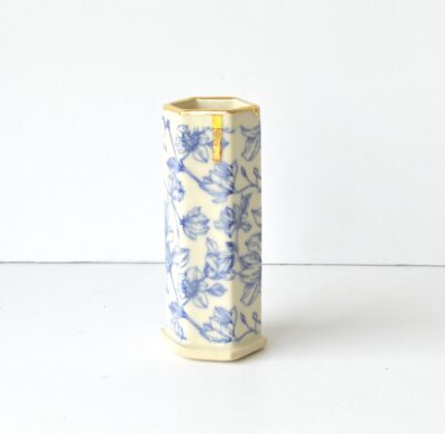 Hex Pattern Bud Vase - Blue Floral+ Gold Drip