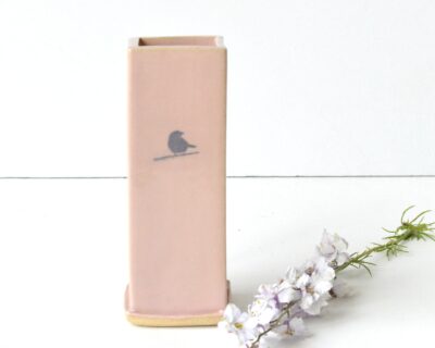 Square Bud Vase - Pink - Bird on  Twig