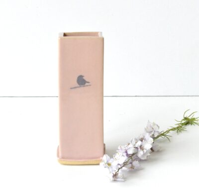 Square Bud Vase - Pink - Bird on  Twig