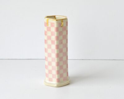 Hex Pattern Bud Vase - Pink Checkerboard + Gold Drip