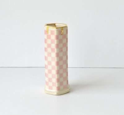 Hex Pattern Bud Vase - Pink Checkerboard + Gold Drip