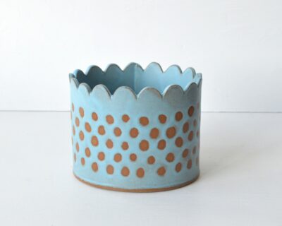 Scalloped Garden Basket -Satin Blue + Chocolate - Dots