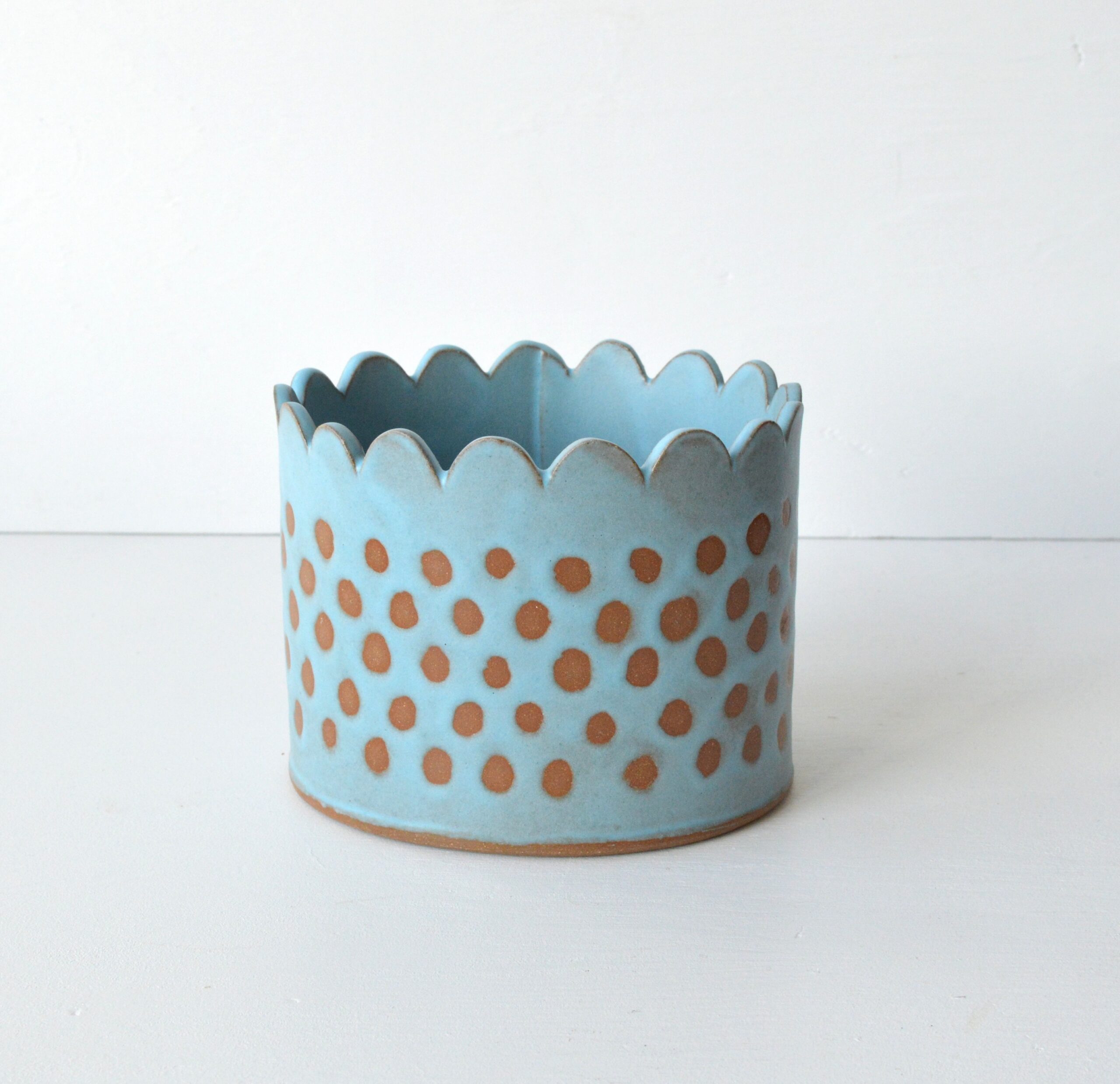 Scalloped Garden Basket -Satin Blue + Chocolate - Dots