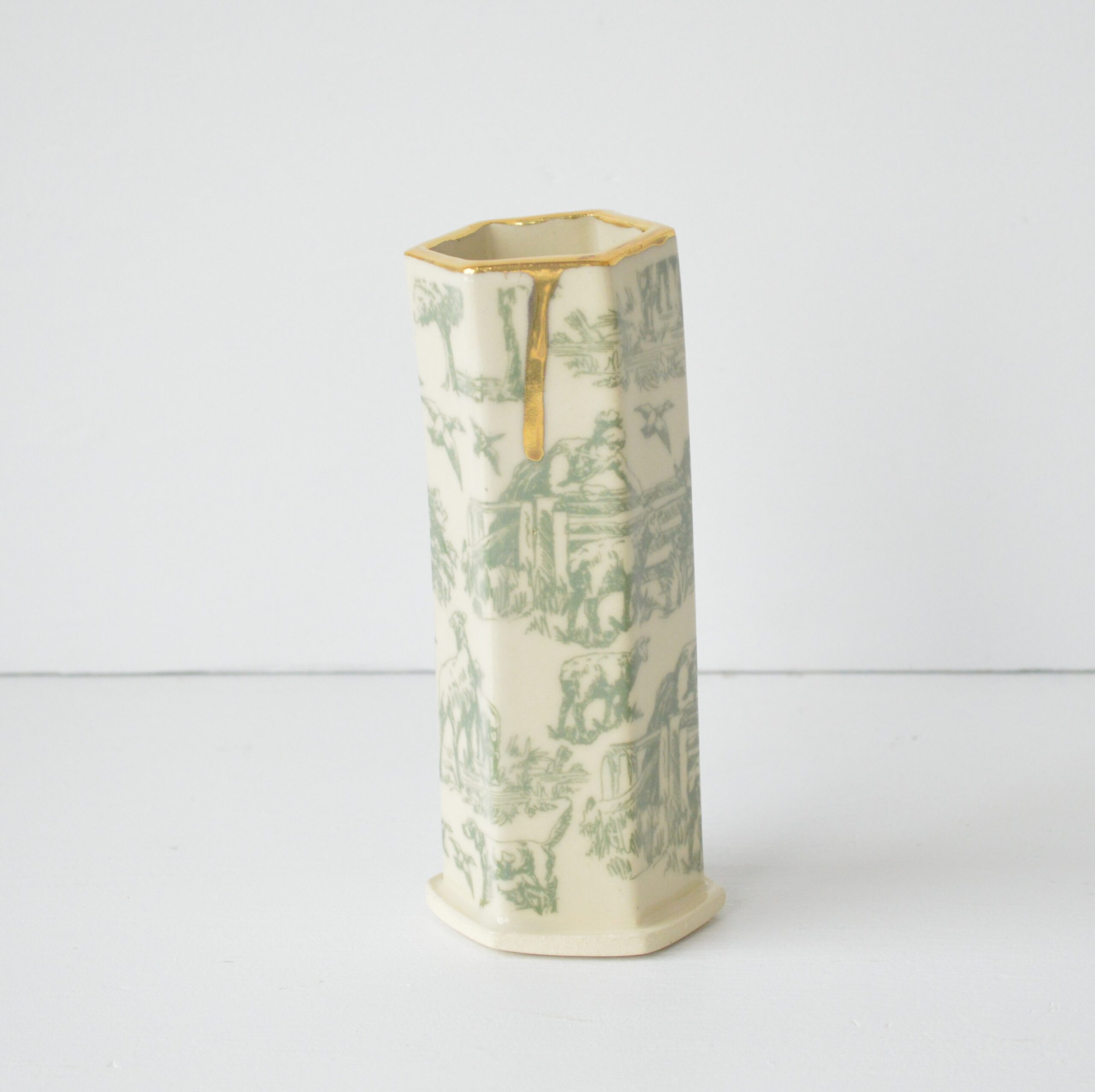 Hex Pattern Bud Vase - Green Toile + Gold Drip