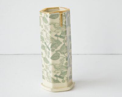 Hex Pattern Bud Vase - Green Birds + Gold Drip