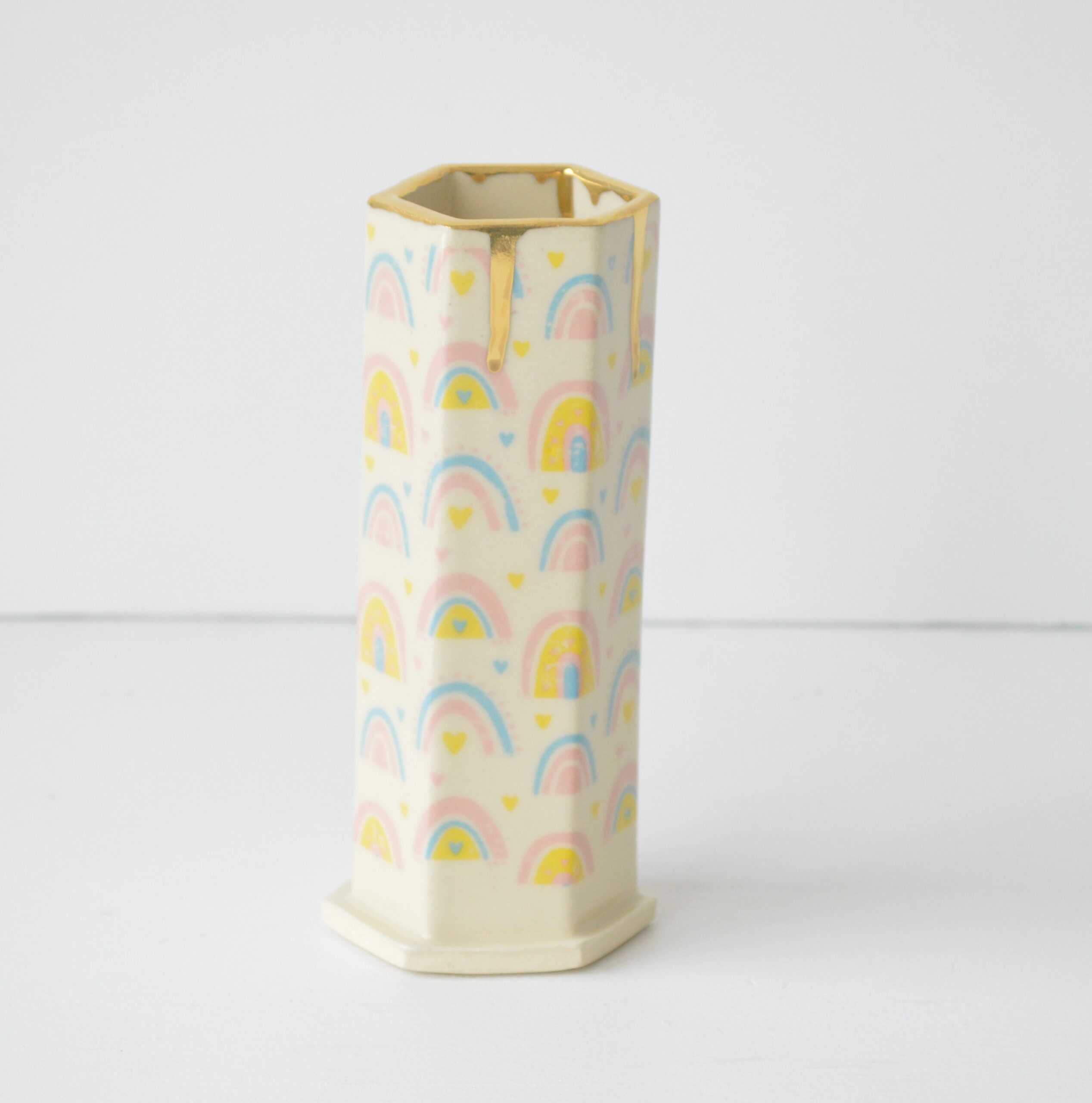 Hex Pattern Bud Vase - Rainbows + Gold Drip