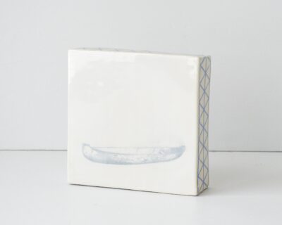 Canoe Wall Art - Ceramic Wall Piece - Canoe- White + Blue Geo Pattern