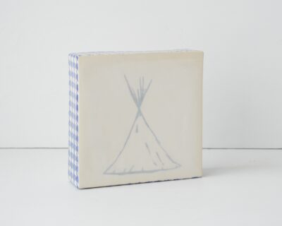 Tipi Wall Art - Ceramic Wall Piece - Tipi - White + Blue Houndstooth Pattern