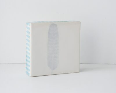 Feather Wall Art - Ceramic Wall Piece - Feather - White + Turquoise Houndstooth Pattern