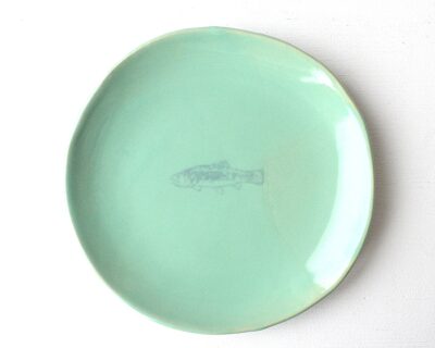 Mono Printed Stoneware Gift Plate - Green - Trout