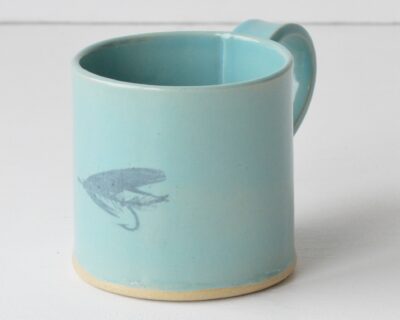 Hand - Built Pottery Mug - Turquoise - Flyfishing Fly