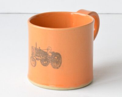 Hand - Built Pottery Mug - Orange - Tractor