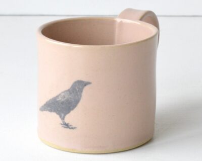 Hand - Built Pottery Mug - Pink - Bird