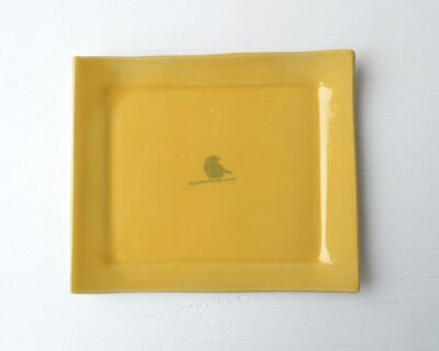 Mono Printed Stoneware Gift Plate - Bird on Twig - Yellow