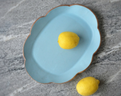 Scalloped Oval Ceramic Plate - Blue Satin
