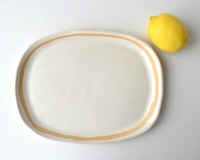 Oval Pottery Plate - Satin White - Boho Stripe