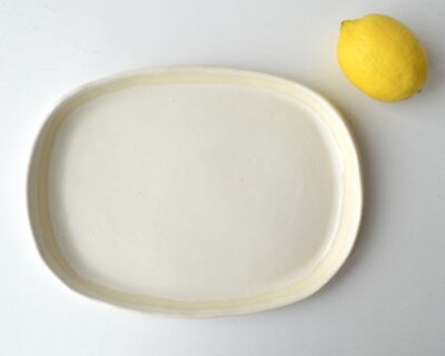 Oval Pottery Plate - Satin White - Boho Stripe - White on White