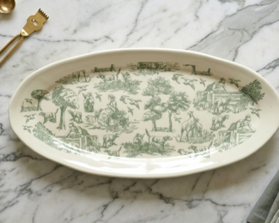 Oval Ceramic Platter - Green Toile