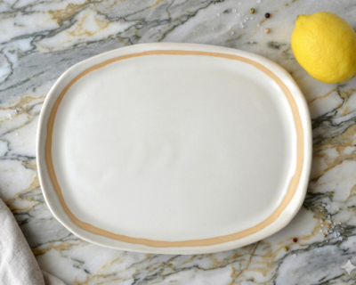 Oval Pottery Plate - Satin White - Boho Stripe