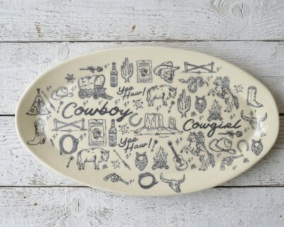 Wide Oval Ceramic Platter - Cowgirl + Cowboy